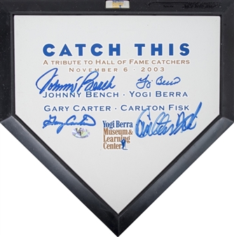 A Tribute to Hall of Fame Catchers Mini Home Plate Signed by 4 - Bench, Berra, Carter and Fisk (PSA/DNA)
